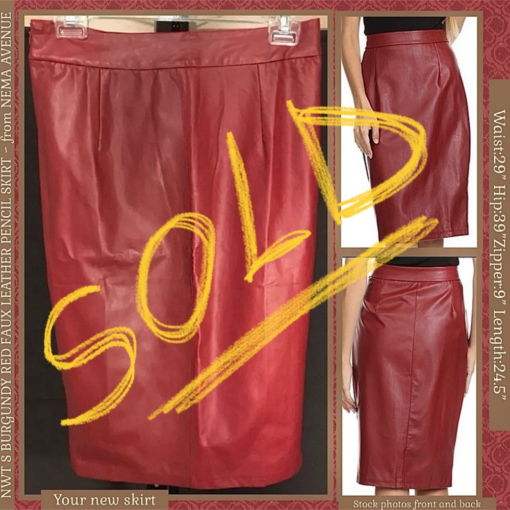 NEMA AVENUE NWT S LIGHTWEIGHT BURGUNDY RED FAUX LEATHER PENCIL SKIRT
